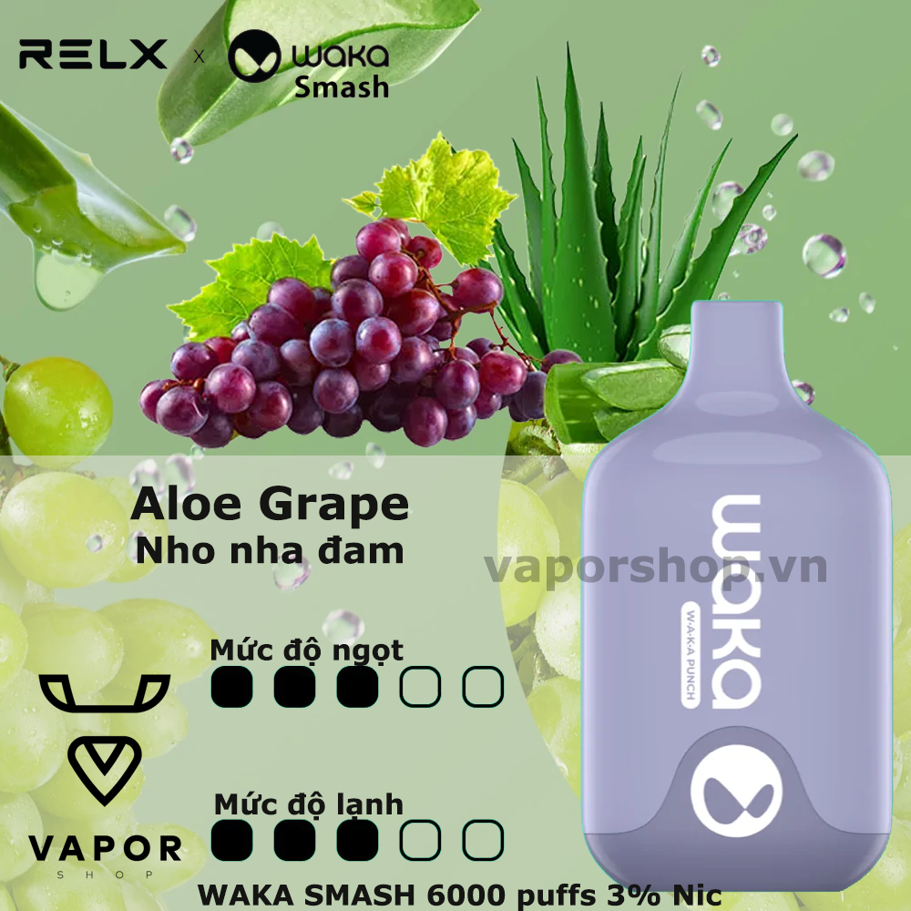 RELX WAKA SMASH 6000 HƠI Aloe Grape Nho Nha Đam - POD DÙNG 1 LẦN giá rẻ nhất thị trường ở tp HCM