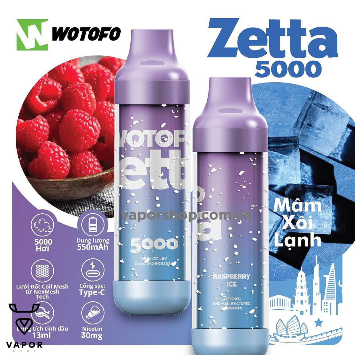 Wotofo Zetta 5000 puffs Sour Apple Táo Xanh - Vape tinh dầu pod chính hãng - Cai thuốc lá không độc hại sức khỏe