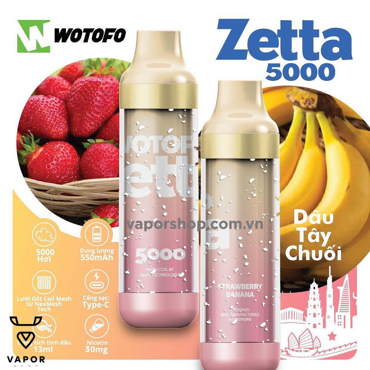 Wotofo Zetta 5000 puffs Strawberry Banana ( Dâu chuối ) - pod dùng 1 lần chính hãng tại Vaporshop