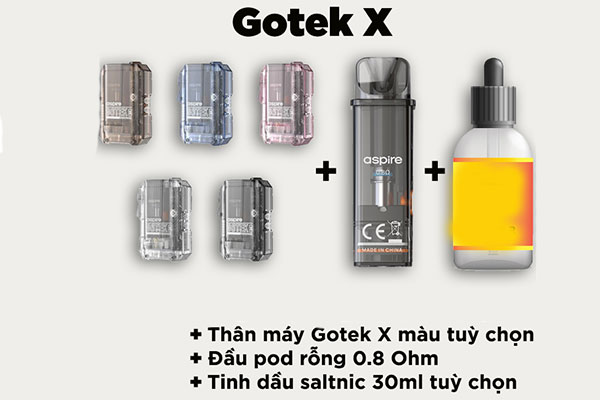ASPIRE GOTEK X và Đầu Pod rỗng 0.8Ω và Tinh dầu salt nic