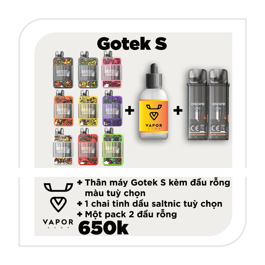 Combo máy ASPIRE GOTEK S Full Pod Kit  tặng kèm 1 Chai Tinh dầu salt nic 30ml tùy chọn và 1 pack đầu Pod rỗng 0.8 ohm