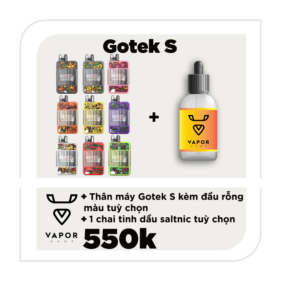 Combo máy ASPIRE GOTEK S Full Pod Kit  tặng kèm 1 Chai Tinh dầu salt nic 30ml tùy chọn