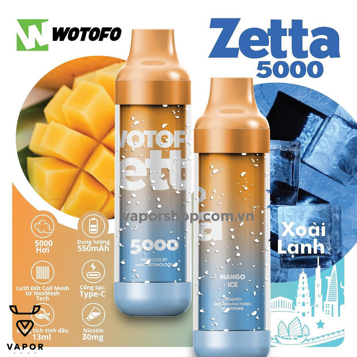 Wotofo ZETTA 3% 5000 Puffs - Mango Ice ( Xoài lạnh ) - Pod hút 1 lần giá rẻ tốt nhất thị trường ở tp HCM