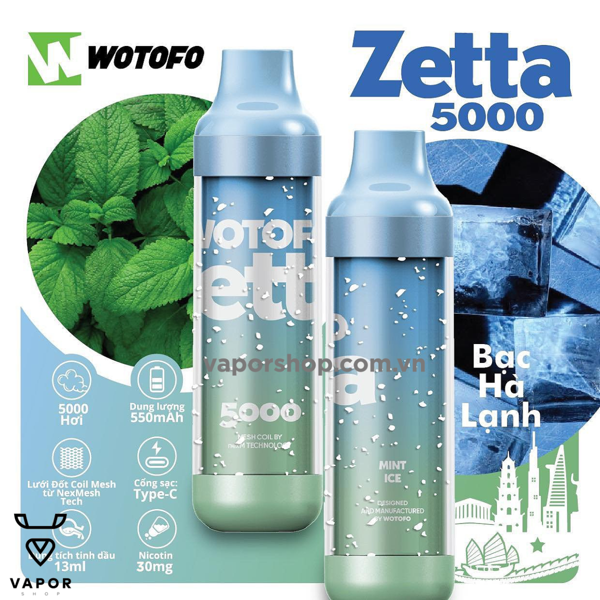 Wotofo Zetta 5000 puffs Mint Ice ( Bạc hà ) - Vape tinh dầu pod chính hãng - Cai thuốc lá không độc hại sức khỏe